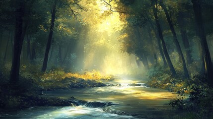 Obraz premium Enchanted Forest Stream: A Serene Digital Painting
