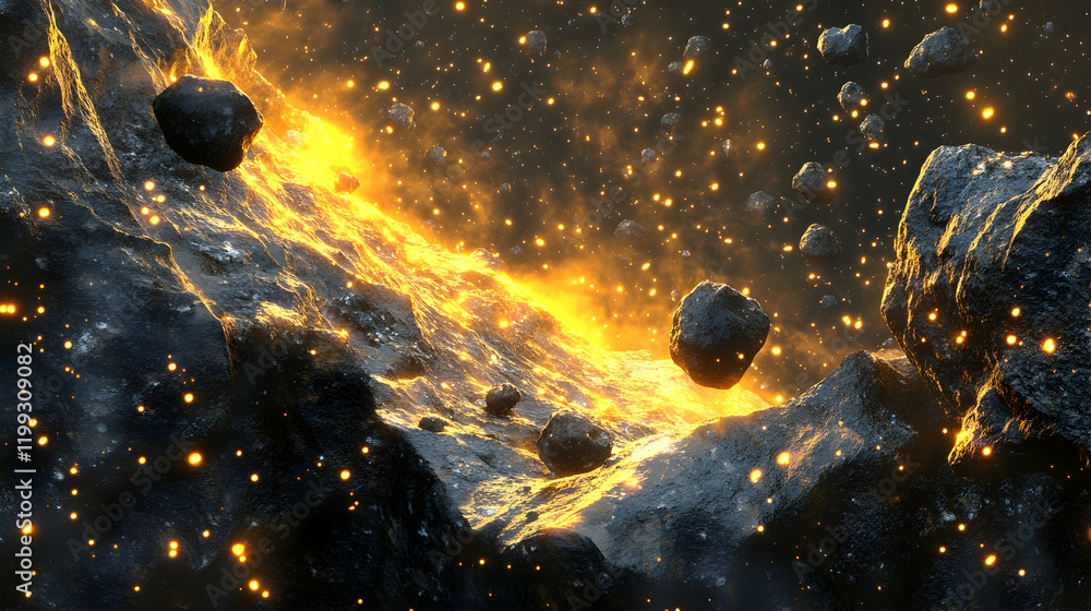 Canvas Prints digital 3d illustration of an asteroid belt in deep space with detailed rocky textures and glowing c