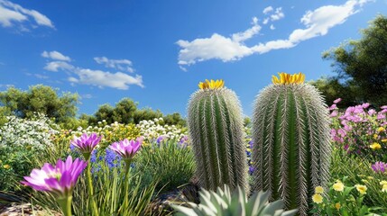 Vibrant desert landscape with cacti and colorful wildflowers.