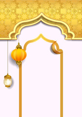Ramadan Kareem or Eid Mubarak Islamic design with lantern lamp light and cressent moon vector illustration background. Design for greeting, cards, event, poster and banner.
