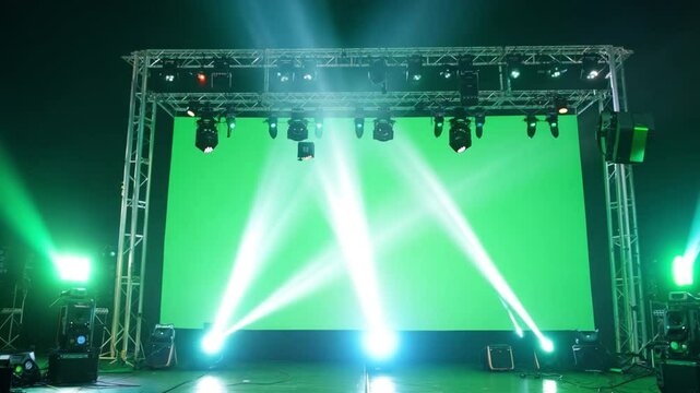 Green Screen Stage:  A large green screen dominates the center of a professional stage setup, illuminated by dynamic, vibrant green and white spotlights.  Ready for your production.