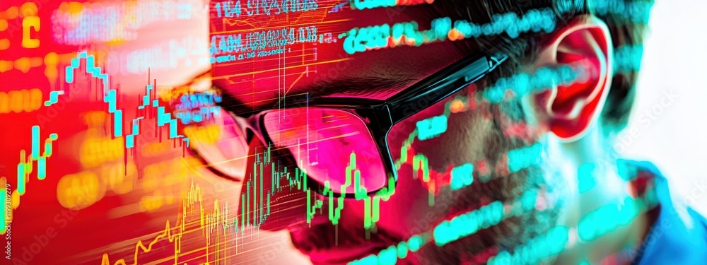 Aufkleber man analyzing stock market data with glasses in front of colorful digital graphs and financial indic