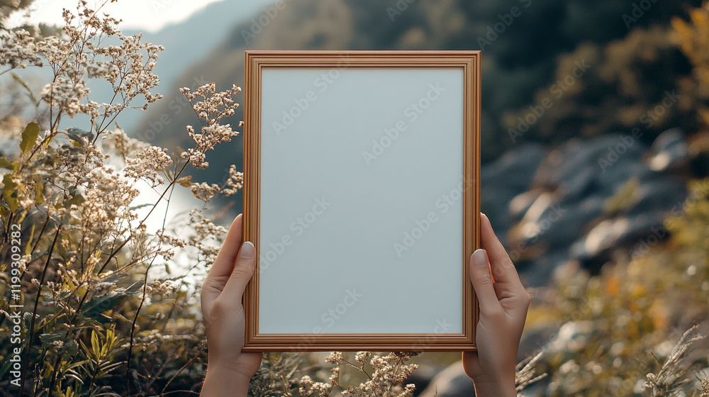 Poster hands hold an empty frame in nature with trees and rocks in the background during daylight