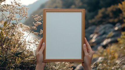 Hands hold an empty frame in nature with trees and rocks in the background during daylight