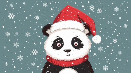 Festive Christmas Postcard Featuring a Cute Panda Wearing a Hat in Snow