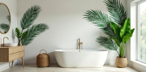 Obraz premium Serene Bathroom Oasis with Freestanding Tub and Lush Tropical Foliage Wall Decor