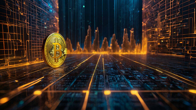 Virtual Bitcoin logo glowing in a digital financial landscape with blockchain network visuals

