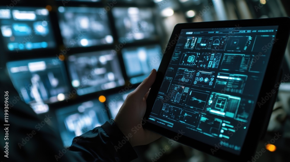 Poster an engineers hand holds a tablet displaying a realtime dashboard while in the backdrop multiple larg