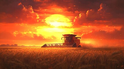 Fototapeta premium Harvest Combine Working Golden Sunset Field