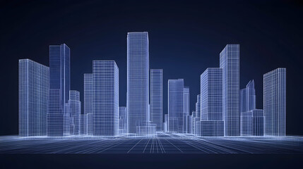 Fototapeta premium Futuristic wireframe city skyline, digital architecture, modern urban landscape. Ideal for technology, real estate, and architecture projects.