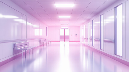 Fototapeta premium Pastel pink hospital corridor clean futuristic hallway medical facility background sci fi tv show film set animation aesthetic concept empty sterile modern soft clinical design light nobody mock up