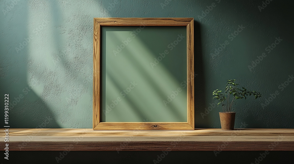 Poster wooden frame with empty canvas on a shelf in a bright interior space during the day