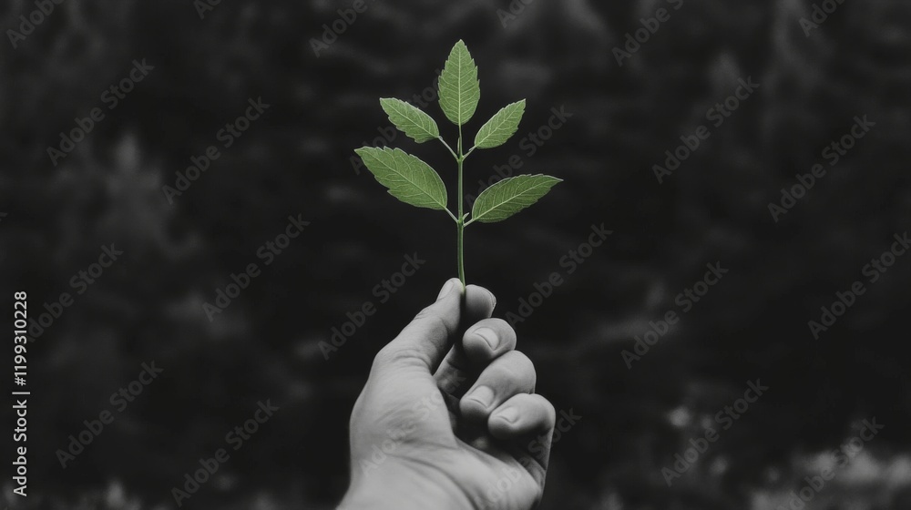 Wall mural Hand holding a small green sprout against a grayscale background.