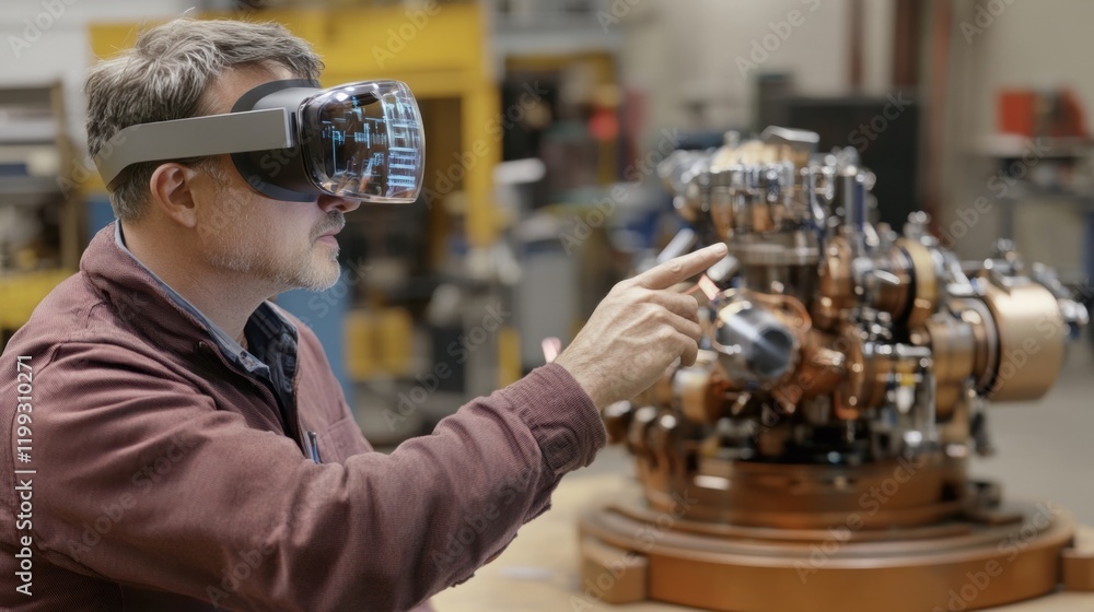 Poster an operator in a busy factory environment follows virtual prompts displayed in their ar headset work