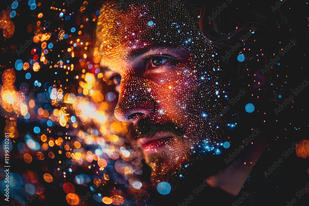 Poster a man with a beard illuminated by vibrant lights creating a striking visual effect showcasing the in