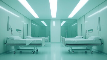 Aqua hospital ward shortage empty beds funding crisis healthcare training nurse doctor medical payrise clean sterile future background concept template design nobody sci fi template copy space