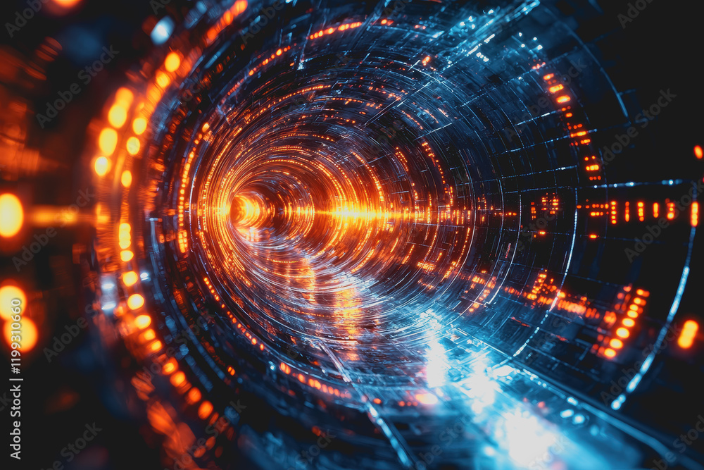 Poster tunnel with bright lights illuminating pathway creating a dramatic effect for travelers representing