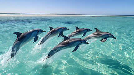 Naklejka premium Group of dolphins leaping synchronously out of crystal-clear ocean water under bright sunlight with vibrant reflections