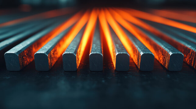 Steel production, Long, glowing metal bars arranged in parallel, showcasing intense heat and industrial processes in a manufacturing environment.