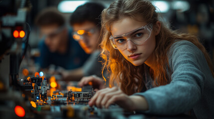 Teenagers working on a robotics project, assembling parts on a table. Bright lighting, contrast
