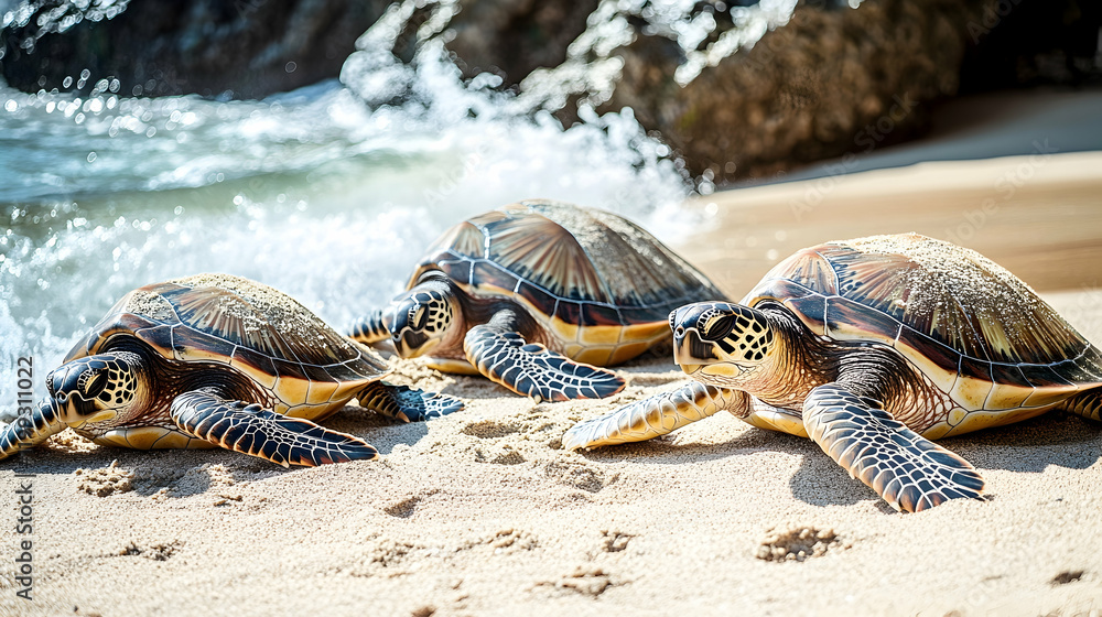 Poster group of sea turtles resting on a sandy beach with soft waves in the background under warm natural s