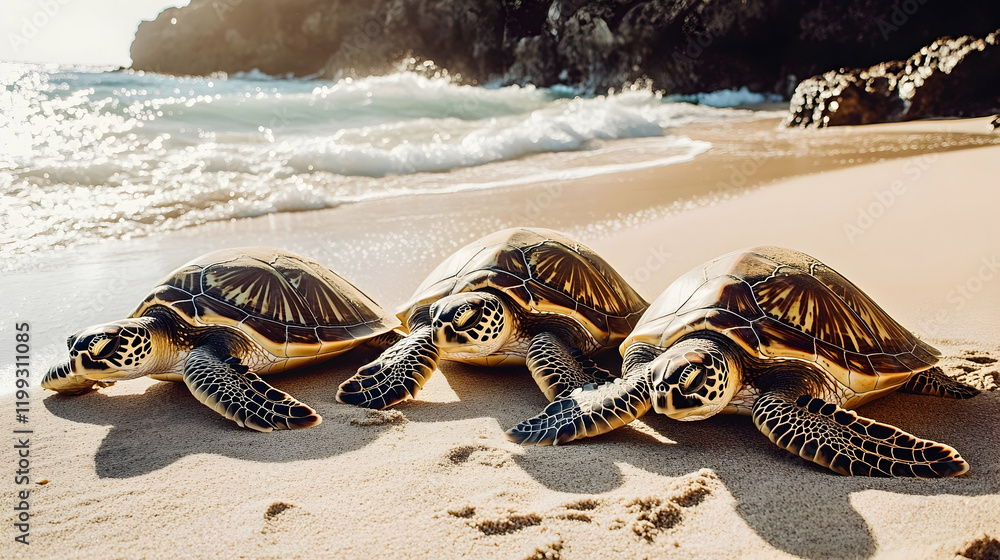 Poster group of sea turtles resting on a sandy beach with soft waves in the background under warm natural s