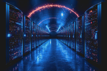 Long row of servers in data center with network cables and led lights modern technology infrastructure cloud computing digital storage solutions computer hardware equipment 180 chars