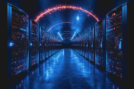 Long row of servers in data center with network cables and led lights modern technology infrastructure cloud computing digital storage solutions computer hardware equipment 180 chars