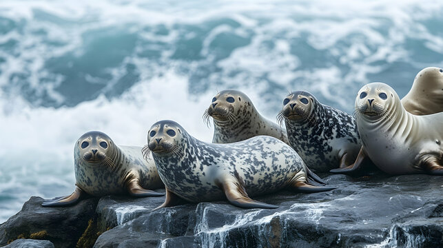 Group of seals resting on a rocky coastline with dramatic ocean waves in the background under natural lighting