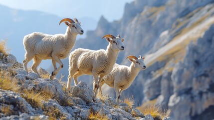 Fototapeta premium Three mountain goats climb rocky slope.