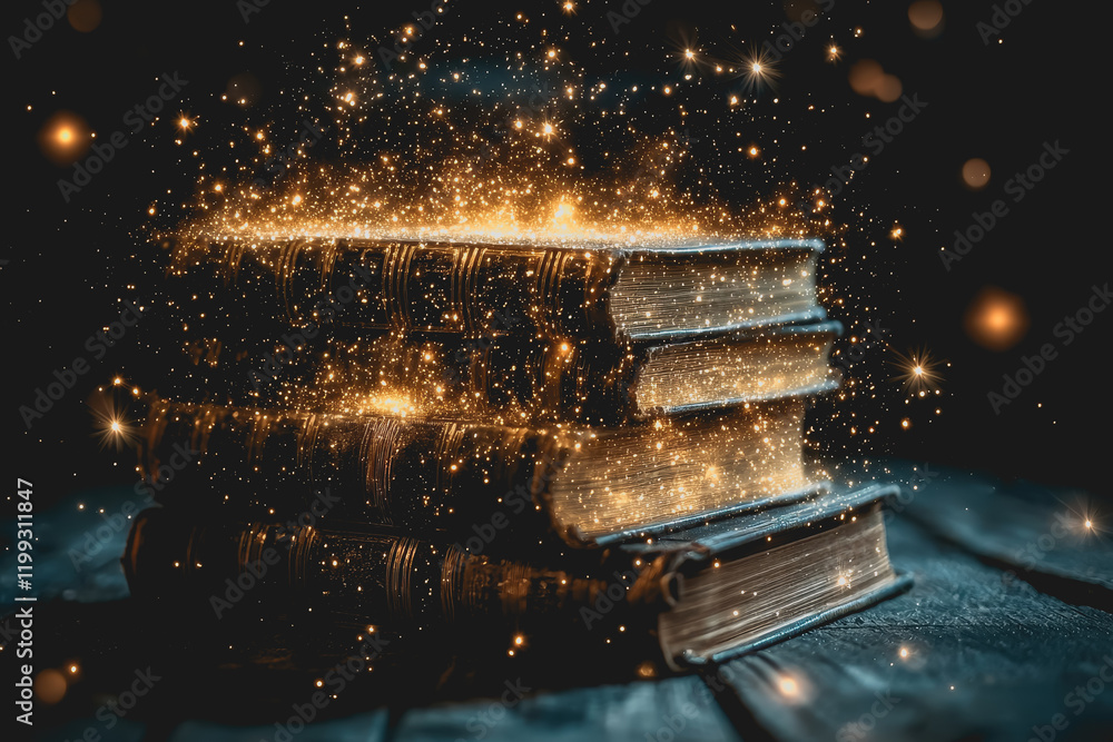 Poster books stack glowing light emitting from open pages illuminating surroundings creating magical atmosp