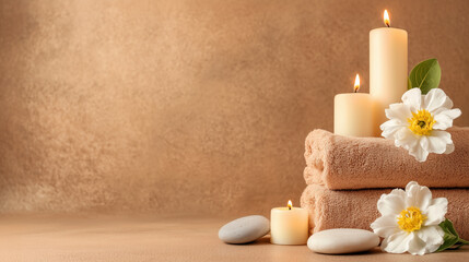 Soft towels, candles, and flowers create serene spa atmosphere for relaxation
