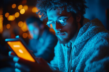 Young developers testing their mobile app, holding smartphones and tablets. Bright lighting, contrast