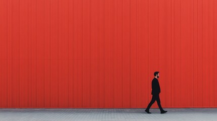 Man in black suit walking in front of a red wall.
