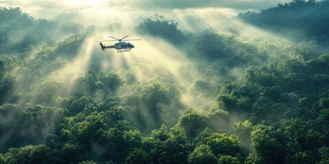 Fototapeta premium Helicopter Soaring Above Misty Green Forest at Sunrise