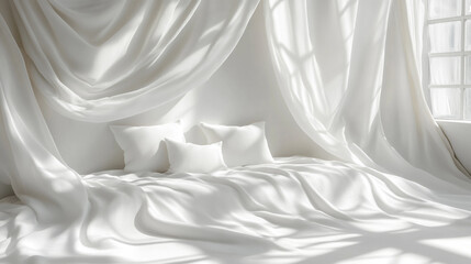Soft white fabrics flowing gracefully in a sunlit room create a serene atmosphere
