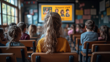 Online safety tips displayed on a large screen in a classroom, while children watch attentively. Bright lighting, contrast