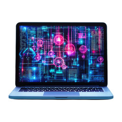 Digital interface displaying vibrant data visualization on a laptop screen isolated on transparent background, PNG