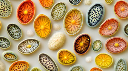 High-detail microscopic view of pollen grains with intricate structures and vibrant colors, set against a clean neutral backdrop