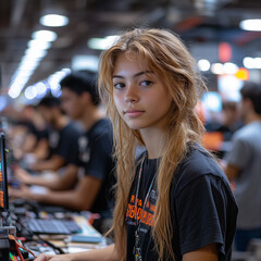 Teenagers learning to code at a tech boot camp, surrounded by gadgets and instructors. Bright...