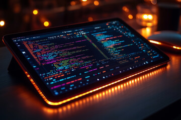 A tablet with coding exercises on the screen, lying on a minimalist desk. Bright lighting, contrast