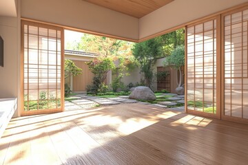 Serene Japanese Garden View Through Shoji Doors