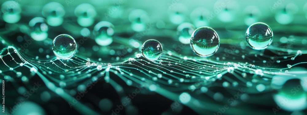 Poster close-up view of droplets on a textured surface with green tones and intricate lines of light