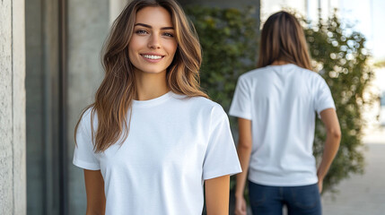 Obraz premium Model showcases plain white t-shirt outdoors with a stylish backdrop in bright daylight