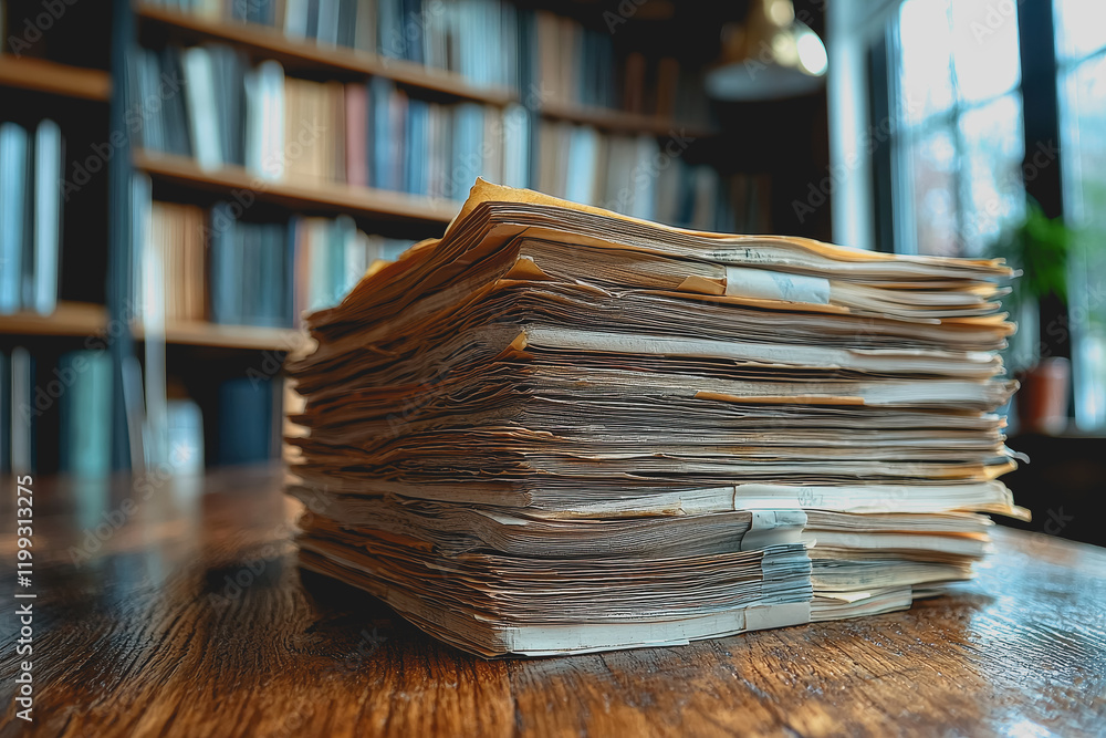 Poster stack of documents on table prepared for review with pen and notepad office workspace paperwork orga