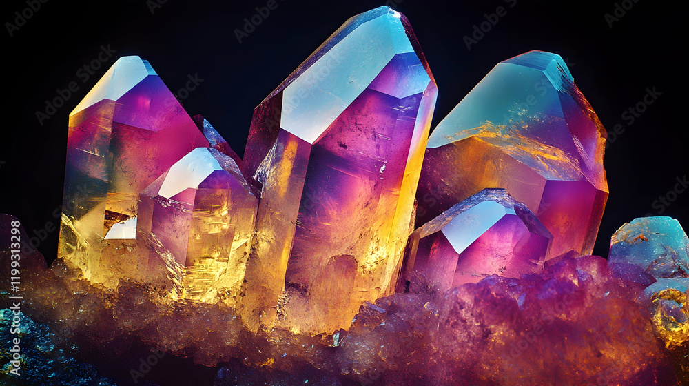 Poster high-resolution image of a crystal under polarized light, showing vibrant colors and intricate geome