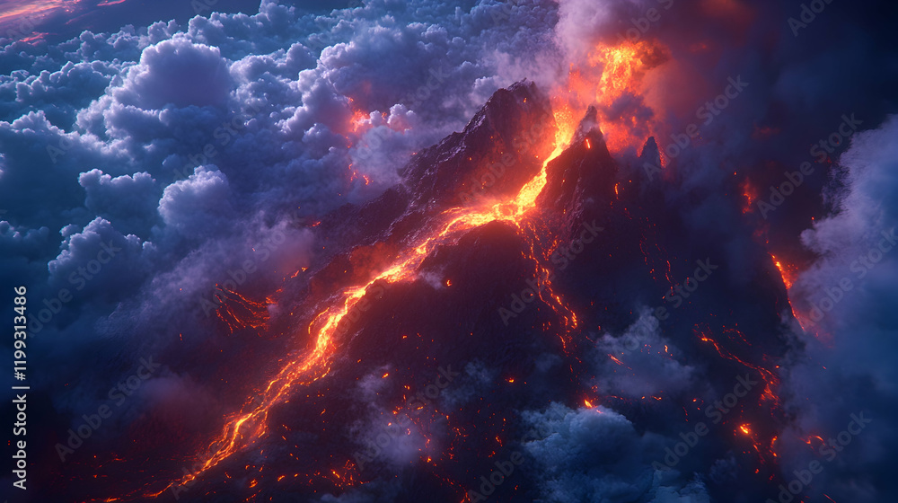 Poster high-resolution image of volcanic eruption with sharp lava flow, ash clouds and glowing atmospheric 