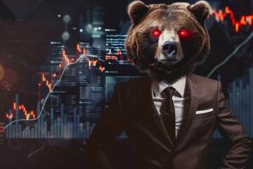A bear with intense red eyes dressed in a formal suit poses with a strong demeanor against a backdrop of city lights and fluctuating financial charts, showcasing a fierce attitude.