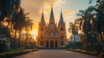 Obraz premium Sunset view of a grand Gothic-style church surrounded by palm trees.