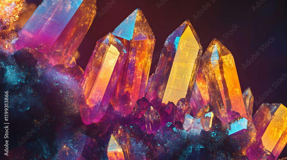 Poster high-resolution microscopic view of crystal growth, showing intricate geometric patterns and glowing